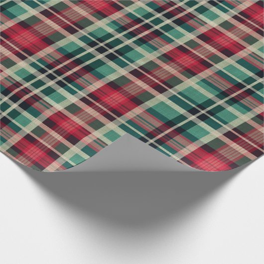 Papier Cadeau Bandes Plaid Vert Crème Rouge (Coin)