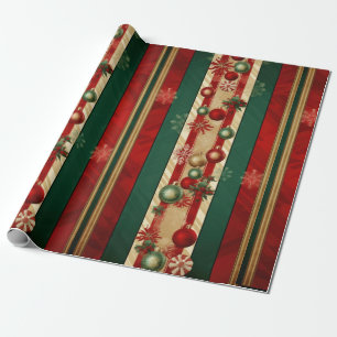 Papier Cadeau Bandes Vertes Or Rouge Moderne