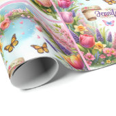 Papier Cadeau Bannière de fleurs de printemps avec nom Joyeux an (Coin rond)