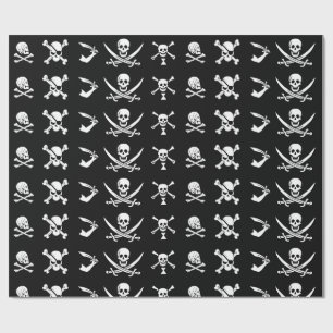 PAPIER CADEAU BANNIERES DE PIRATE NOIR CRÂNE, OS CROISÉS, ÉPÉES