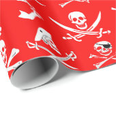 PAPIER CADEAU BANNIÈRES DE PIRATE ROUGE SKULL, OBJETS TRAVERSÉS, (Coin rond)