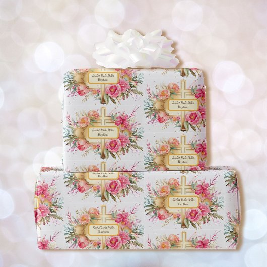 Papier Cadeau Baptême Ajouter un nom - Croix avec vaporisateur d