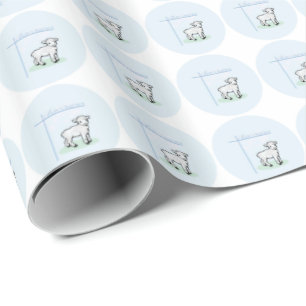 Papier Cadeau Baptême Garçon Bleu Agneau, Personnalisable