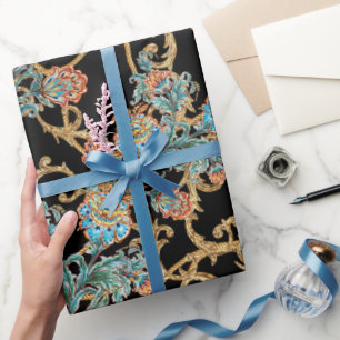 Papier Cadeau Baroque Floral Élégant Doré