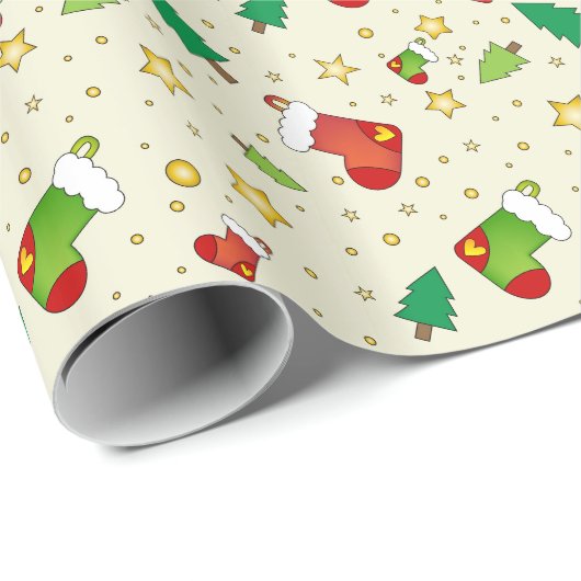 Papier Cadeau Bas, arbres et étoiles de Noël (Coin rond)