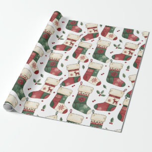 Papier Cadeau Bas de Noël patchwork rouge vert blanc
