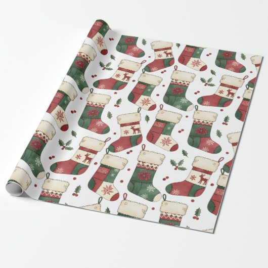 Papier Cadeau Bas de Noël patchwork rouge vert blanc (Déroulé)