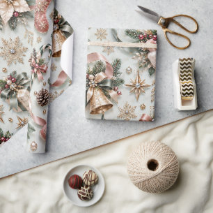 Papier Cadeau Bas de Noël Vert Sauge Rose