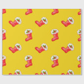 Papier Cadeau Bas rouges de Noël sur Jaune (Plat)