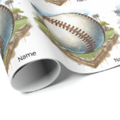 Papier Cadeau Baseball avec nom sur la balle pour joueur (Coin rond)