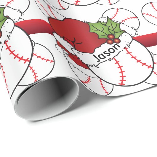 Papier Cadeau Baseball de Noël de Santa Hat | Nom do-it-yourself (Coin rond)