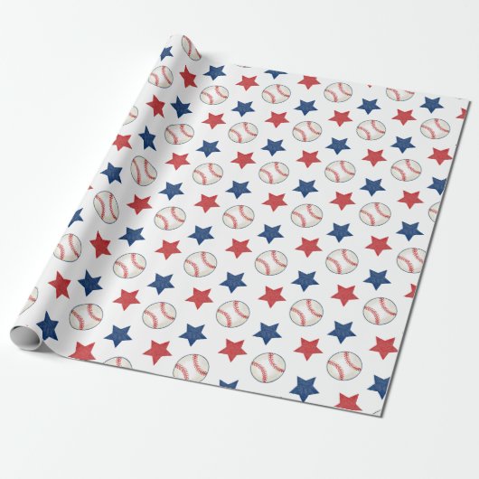 Papier Cadeau Baseball et étoiles Rouge Blanc et bleu Motif (Déroulé)