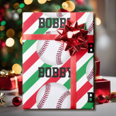 Papier Cadeau Baseball Noël Ajouter le nom Bande rouge n vert