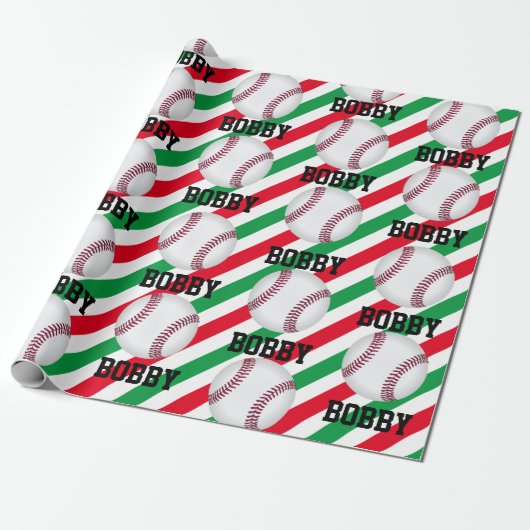 Papier Cadeau Baseball Noël Ajouter le nom Bande rouge n vert (Déroulé)