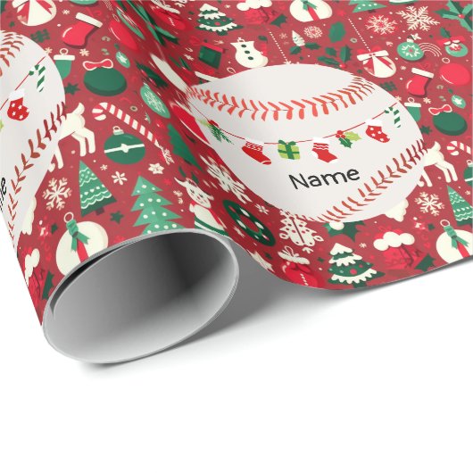 Papier Cadeau Baseball pour Noël avec le nom des enfants (Coin rond)