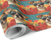 Papier Cadeau Basenji avec Roses de coeur Saint Valentin (Coin rond)