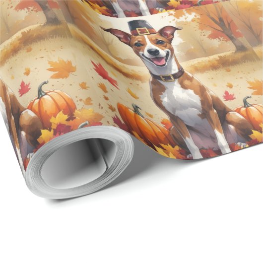 Papier Cadeau Basenji L'Automne Laisse L'Art Thanksgiving (Coin rond)