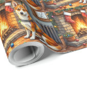 Papier Cadeau Basenji Sitting by Fireplace with Christmas Lights (Coin rond)