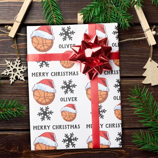 Papier Cadeau Basket-ball avec le Santa Hat rouge Nom du flocon