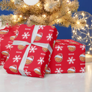 Papier Cadeau Basket-ball avec Red Santa Hat Snowflon Nom