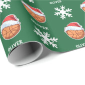 Papier Cadeau Basket-ball avec Red Santa Hat Snowflon Nom (Coin rond)