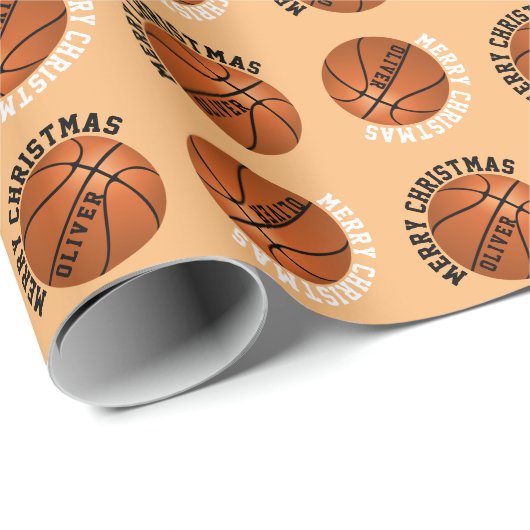 Papier Cadeau Basket-ball Balls Enfants Nom Orange Noël (Coin rond)