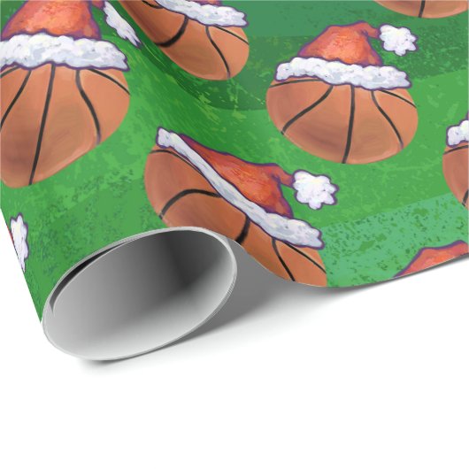 Papier Cadeau Basket-ball de Santa Hat sur Green (Coin rond)