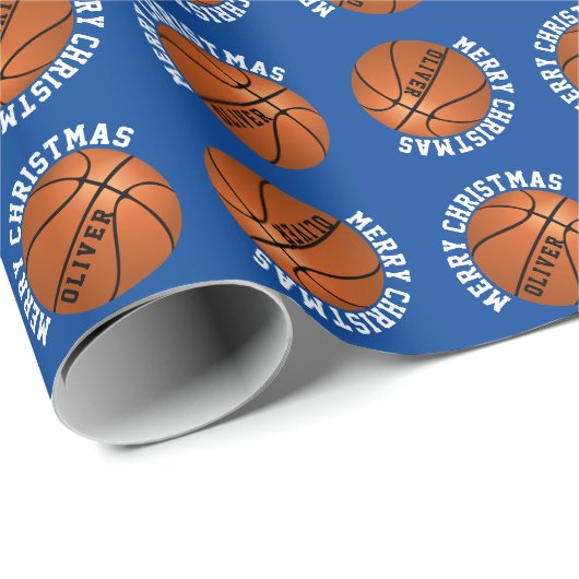 Papier Cadeau Basketball Balls Enfants Nom Bleu Joyeux Noël (Coin rond)