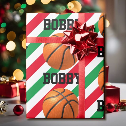 Papier Cadeau Basketball Noël Ajouter le nom Bande rouge n vert