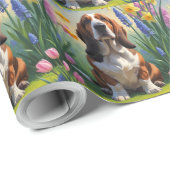 Papier Cadeau Basset Hound Chien Fleurs de printemps Peinture (Coin rond)