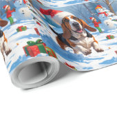 Papier Cadeau Basset Hound Festive de Noël Scène de neige (Coin rond)