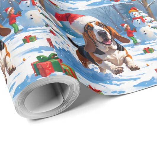 Papier Cadeau Basset Hound Festive de Noël Scène de neige (Coin rond)