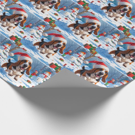 Papier Cadeau Basset Hound Festive de Noël Scène de neige (Coin)