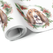 Papier Cadeau Basset Hound Festive Wreath de Noël Pup (Coin rond)
