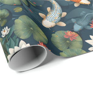 Papier Cadeau Bassin de carpes koï et motif de fleurs de lotus,