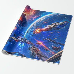 Papier Cadeau Bataille de vaisseaux spatiaux au-dessus d'une pla