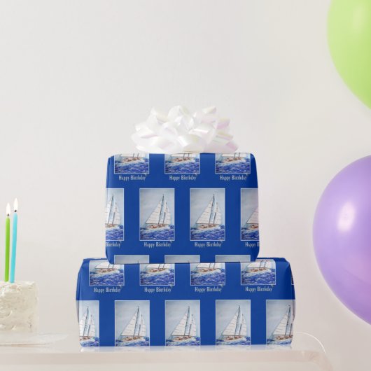 Papier Cadeau Bateau à voile Aquarelle avec cadre bleu (Cadeaux de fête)