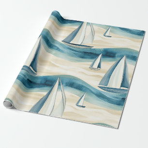 Papier Cadeau Bateau à voile bleu moderne motif vague océanique