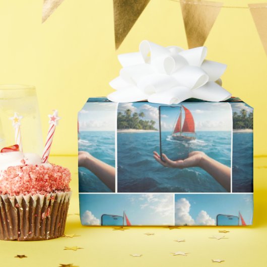 Papier Cadeau Bateau à voile naviguant dans un Smartphone (Fête d'anniversaire)