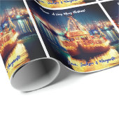 Papier Cadeau Bateau De Noël Aux Lumières D'Or (Coin rond)