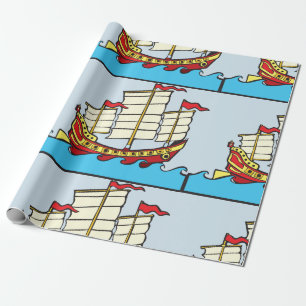 Papier Cadeau Bateau traditionnel rouge chinois sur vagues bleue