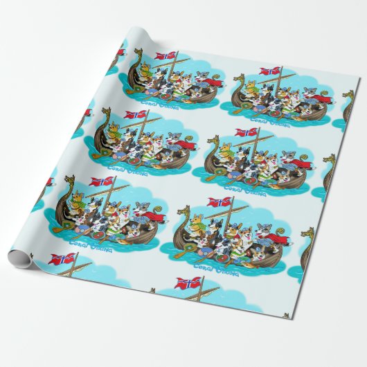 Papier Cadeau Bateau viking rempli de Corgis (Déroulé)