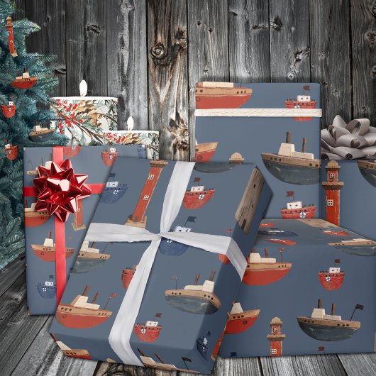 Papier Cadeau Bateaux et phares en bois peint