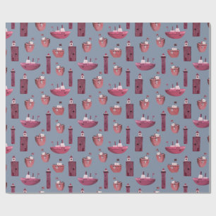 Papier Cadeau Bateaux roses et phares en bois Dusty Blue