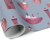 Papier Cadeau Bateaux roses et phares en bois Dusty Blue (Coin rond)