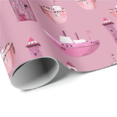 Papier Cadeau Bateaux roses et phares en bois Rose poussiéreux (Coin rond)