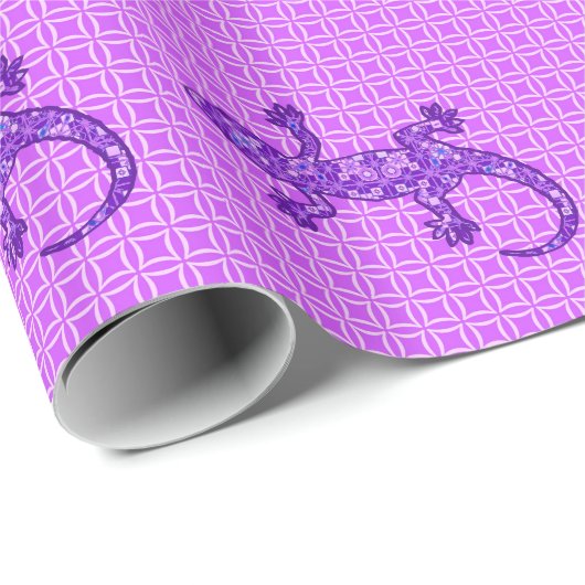 Papier Cadeau Batik Gecko (Tribal batik Gecko) violet et maudite (Coin rond)