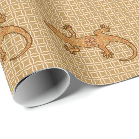 Papier Cadeau Batik tribal Gecko - rouille, ambre et bronze (Coin rond)