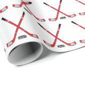 Papier Cadeau Bâtons de hockey croisés rouge et canot (Coin rond)