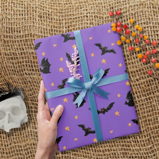 Papier Cadeau Bats volants mignons et étoiles Motif Halloween